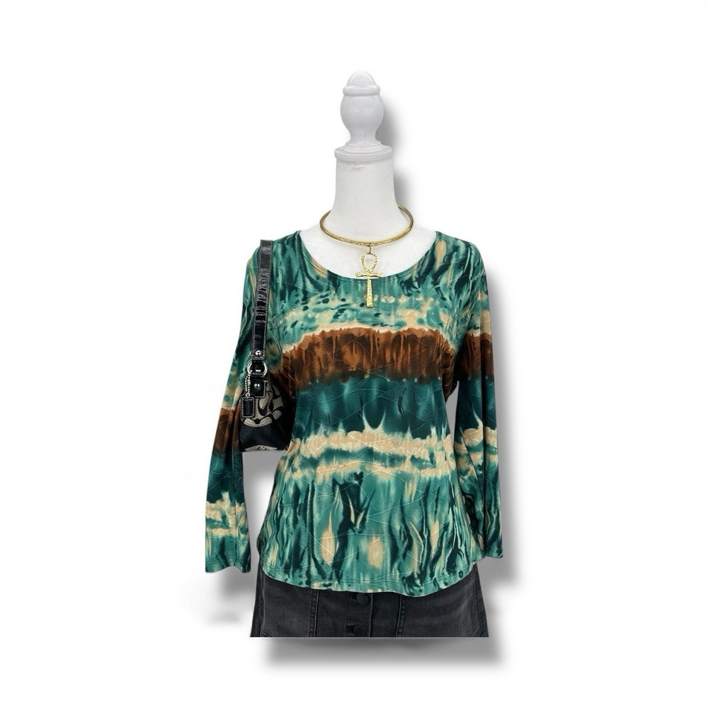 VTG Women Y2K Indie Retro Grunge Tie Dye Green Brown Stretch Top PM Earthy Boho